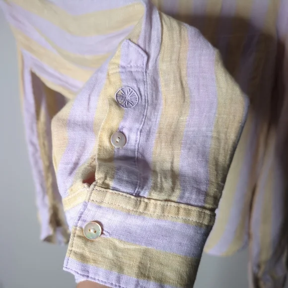 Lilly Pulitzer Coralynn Button Down Shirt‎ 100% Linen Yellow/Purple Stripes - Picture 4 of 8